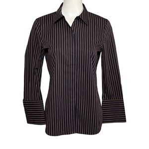 Lafayette 148 NY Striped Cotton Career Blouse 4 Navy Button Shirt